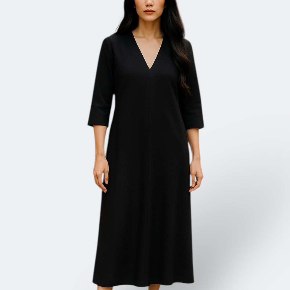 Oak + Fort V-Neck Empire Waist Midi Dress In Black | Size XS